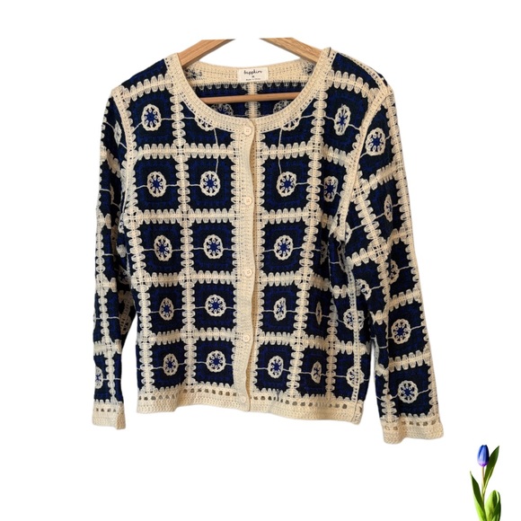 Elegant Navy and Cream Crochet Cardigan - Picture 1 of 4